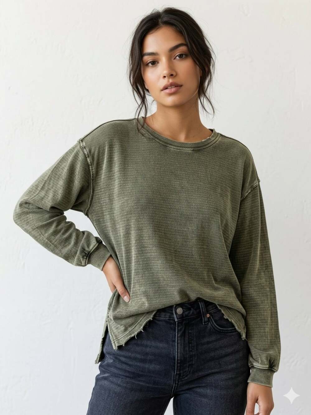 FP We The Free Boho Oversized Slouchy Drop Shoulder Ribbed Top Green Small
